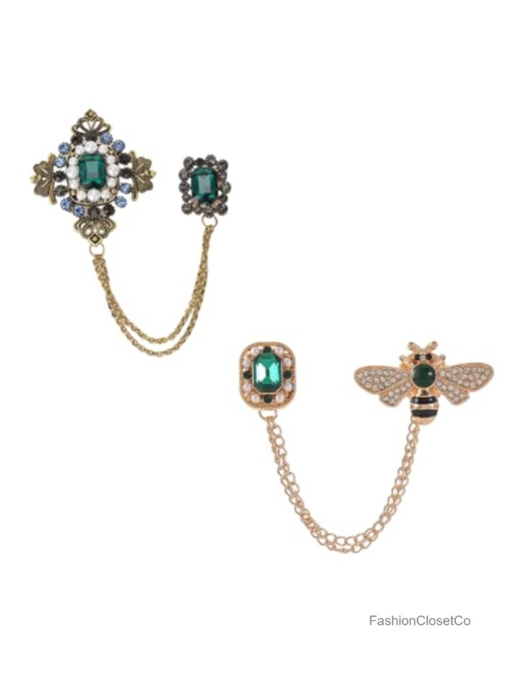 Vintage Brooch Set 2 Pcs Bee Floral Crystal Rhinestone Pin with Chain